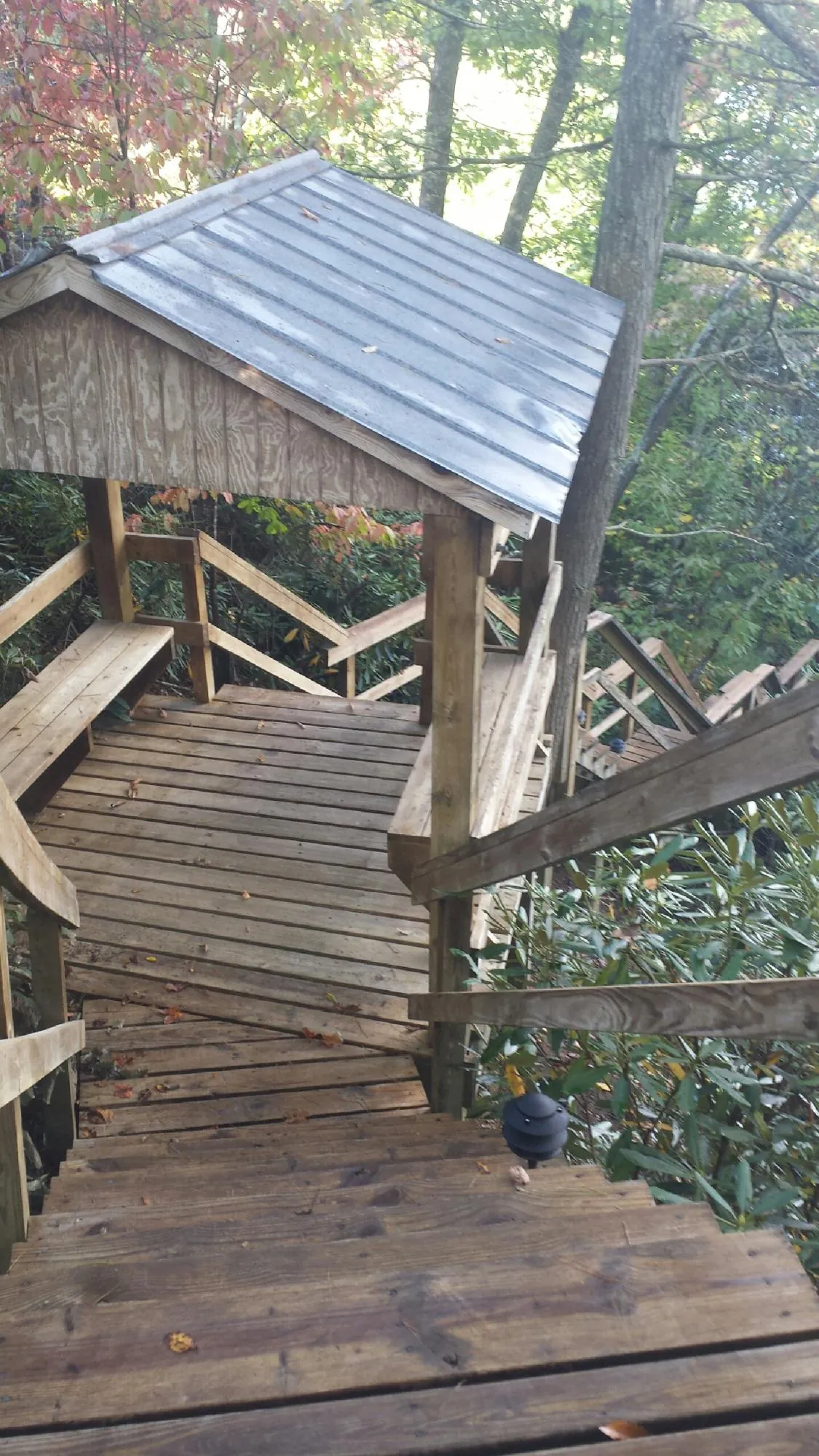 Metal roofed shelter over wooden steps on a wooded walkway — Skylight Repair & Installation work by our crew in Blount
